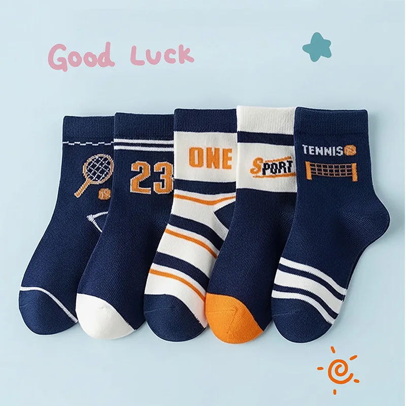 

5 Pairs Kids Trendy Socks – Mid-Calf, Breathable, Sporty Basketball Socks, Boys & Girls