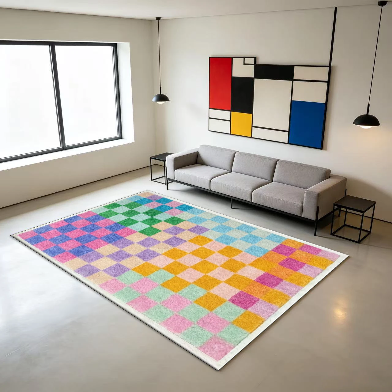 Rainbow Multicolor Plaid Pattern Carpet Soft Color-Blocking Floor Carpet for Kidsren's Bedroom