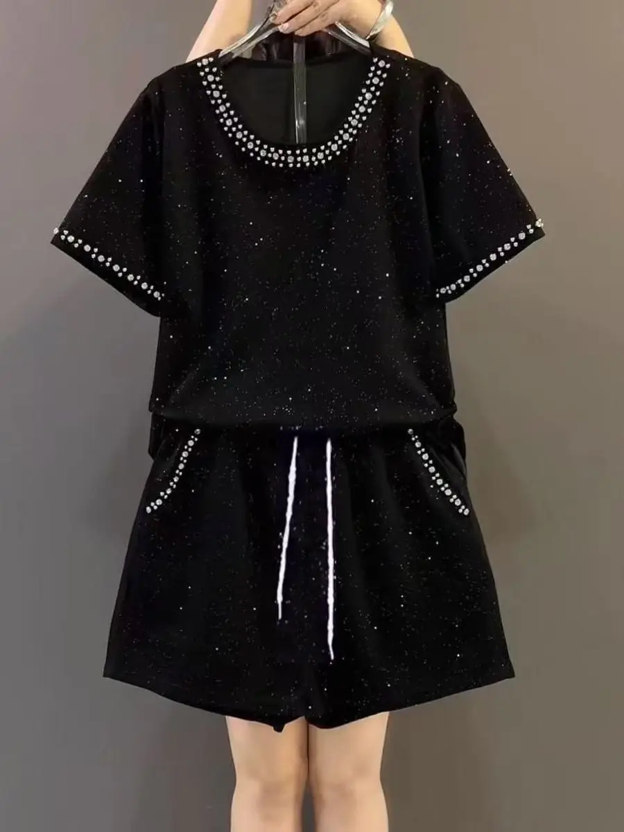 Fashionable Beaded Short Sleeve T-Shirt Shorts Set Women's Summer New Loose Casual Two-Piece Polyester Fiber round Neck Top
