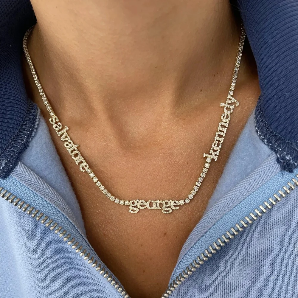

2025 Custom multi-name diamond tennis necklace, 18k gold diamond necklace, personalized layered necklace gift