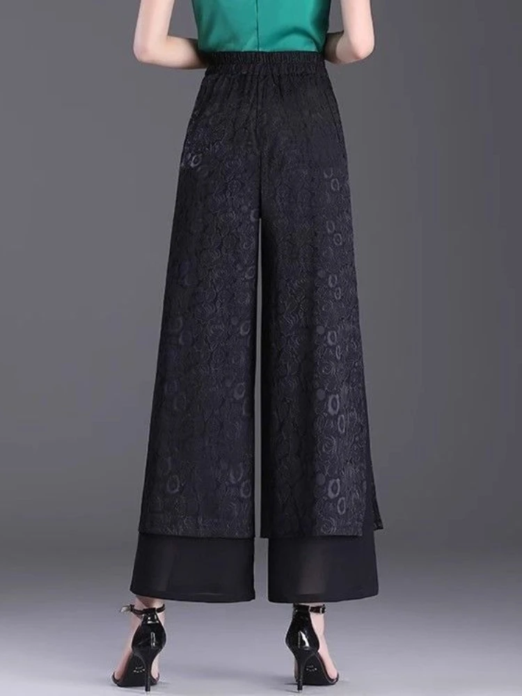 Jacquard Ice Silk Women's Summer High-Waist Loose Straight-Leg Pants Center Slit Draping Wide-Leg for Figure Flattering