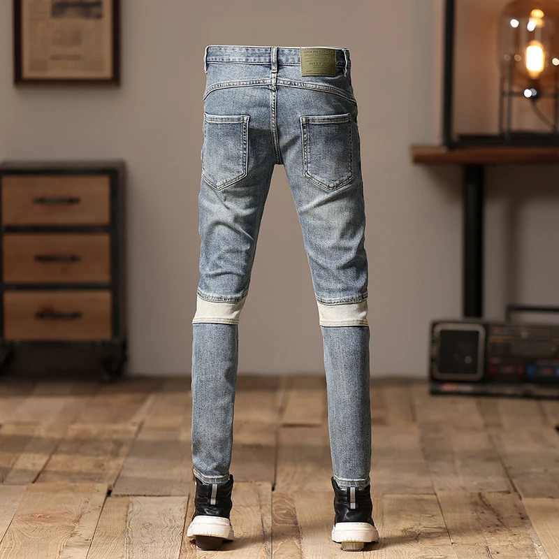 Fashion Stitching Jeans Men's 2023 Winter Slim Fit Ankle Tight Trousers Personality Street Trend Pu Shuai Men's Trousers