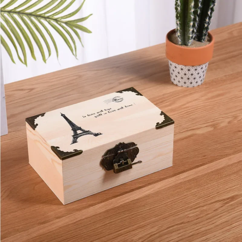 Multifunctional Wooden Storage Box with Lock, Retro Flip Cover, Sundries Organizer, Desktop Jewelry Gift Packaging Box