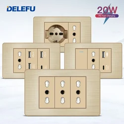 DELEFU Stainless Steel Gold Italy Chile USB TypeC Fast Charging Socket Schuko Tuya Wifi Smart Switch Sat TV Tel Doorbell Curtain