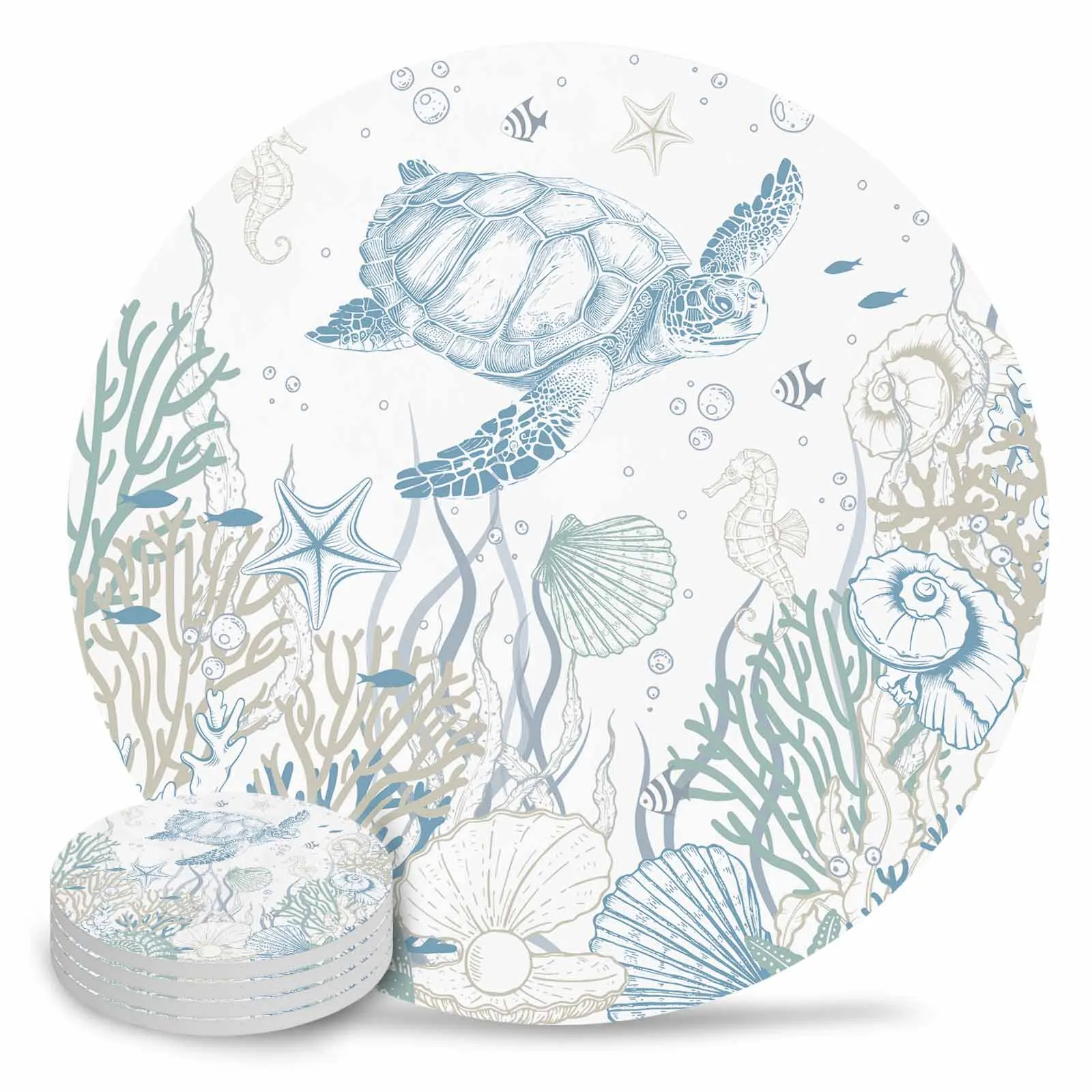 Summer Blue Green Marine Organisms Round Coaster Coffee Table Mats Kitchen Accessories Absorbent Ceramic Coasters