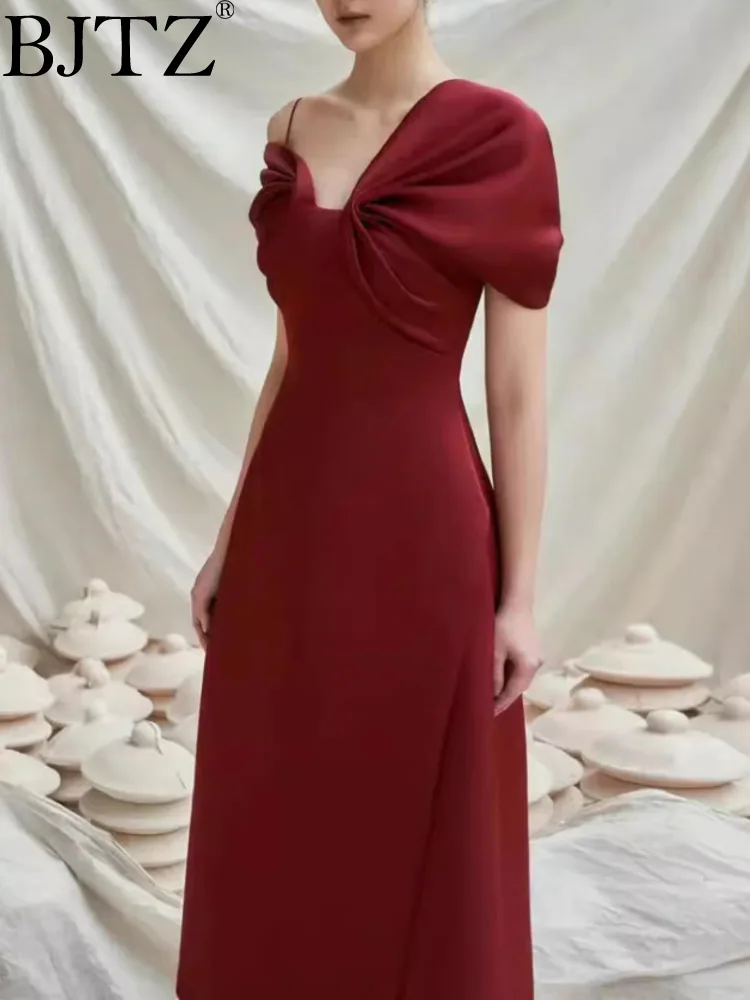 

BJTZ French Wine Red Dress Asymmetric Diagonal Shoulder Satin Dresses For Women 2024 Spring Autumn New Elegant HL160