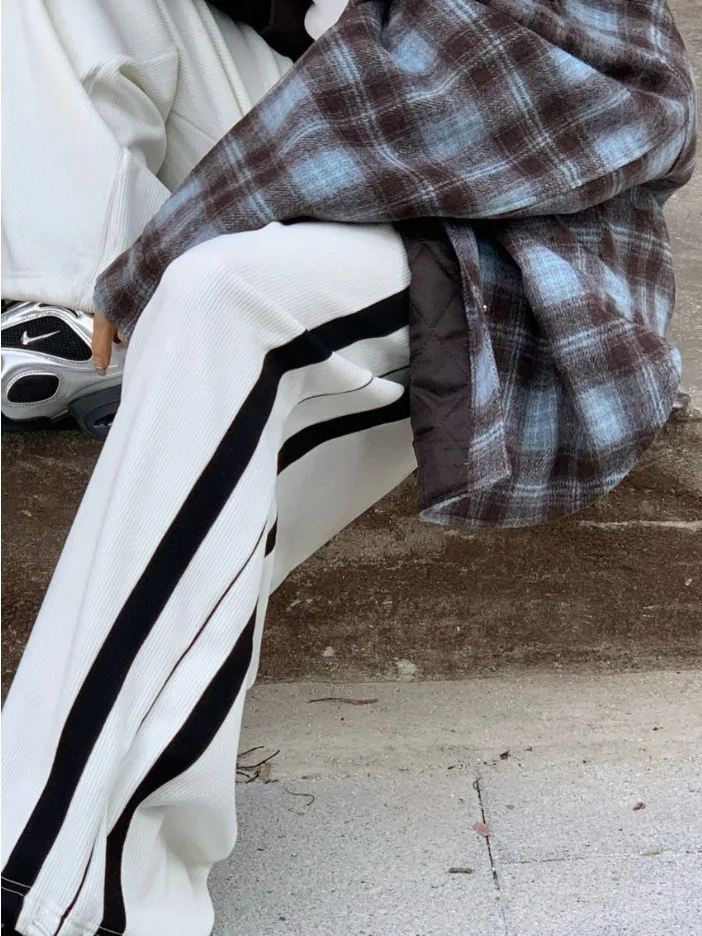 الكورية Sle عالية الخصر بنطال ذو قصة أرجل واسعة المرأة Faionable بناطيل كاجوال مرونة الخصر Fce اصطف الجانب التعادل الأشرطة #2