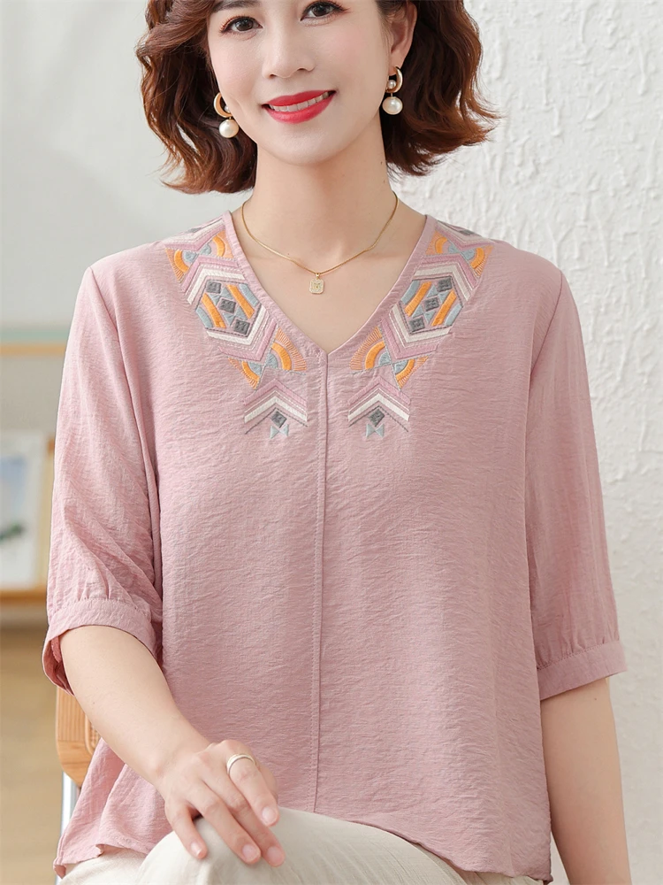 

Модный летний наряд для мамы с вышивкой V-Ne, легкий, удобный комплект из двух предметов из хлопка и льна с семью точками для среднего...