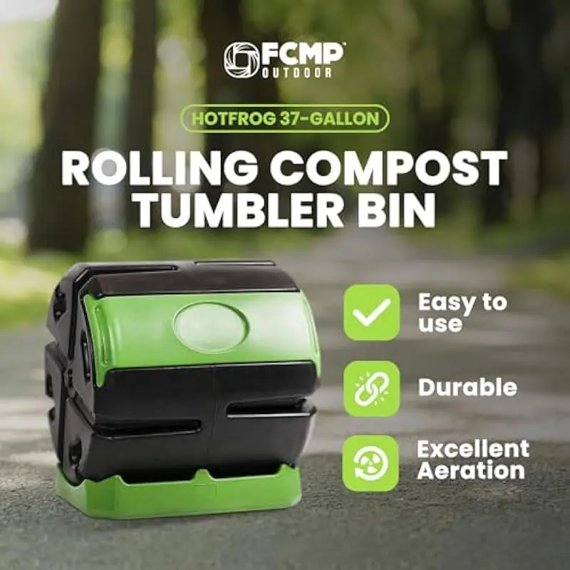 Rolling cylindrical compost bin with tumbling action for fast aerobic decomposition • 37-gallon capacity • UV-stabilized polyeth