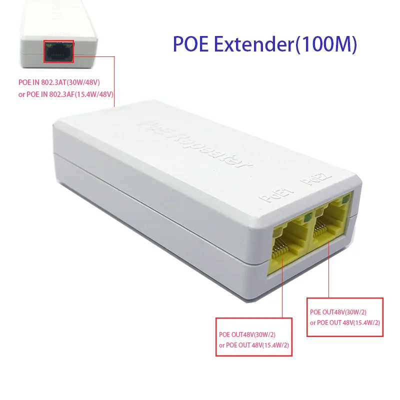 Ста megabit 2-портовый удлинитель POE, IEEE 802.3af/at PoE + стандарт, 100 Мбит/с, ретранслятор POE 100 метра (328 фута), удлинитель