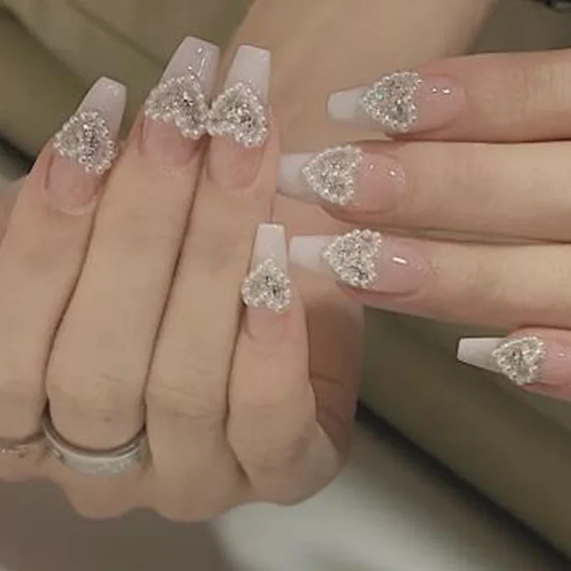 24Pcs/Set Gradient Gray White Heart Pearl Wear False Nail Art Acrylic Long Ballet Fake Nails Removable Korean Press on Nail Tips