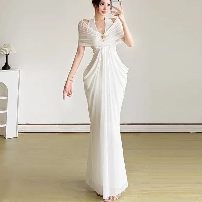 Pure Desire Wind Pleated Slimming Neck Hanging Long Dress Women's Elegant Lady Drapey Wrap Body Long Skirt Cross-Border