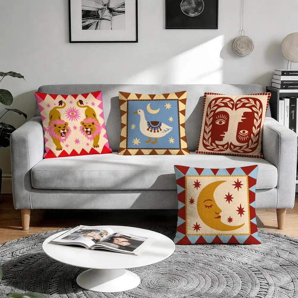 Whimsical Sun Moon Animal Cushion Cover Natural Breathable Durable Linen Printed Decor Pillow Case Sofa Bedroom