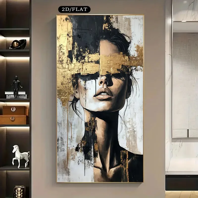 1 Stück 2D Flache Rahmenlose Leinwand, Extra Große Moderne Abstrakte Leinwandkunst mit Frauen-Gesicht - Schwarz-Weiß-Goldener Rahmenloser Wandaufkleber