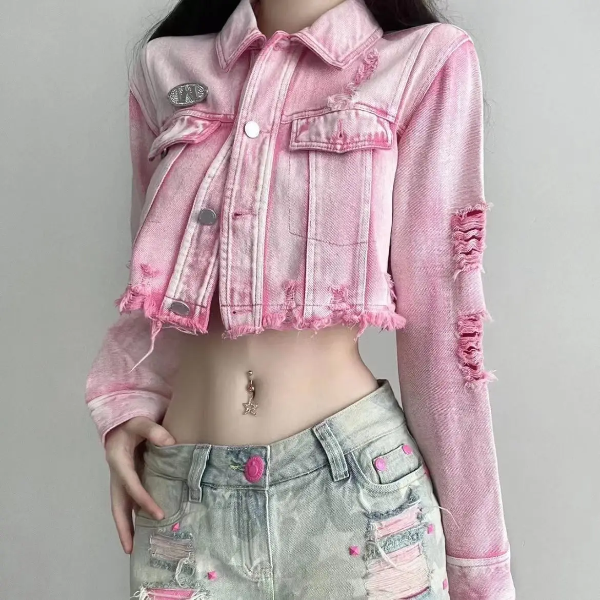 

Short Coat Ripped Loose Burrs Holes High Waist Pink 2024 Spring New Denim Jacket Young Lady Streetwear Casual All-Match Coats