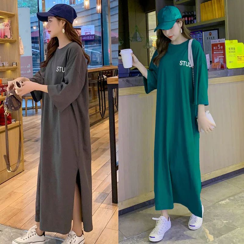 Letter Printed Casual Long T-Shirt Dress Summer Half Sleeves Oversized Korean Female Maxi Dress Loose Casual Vestidos De Mujer