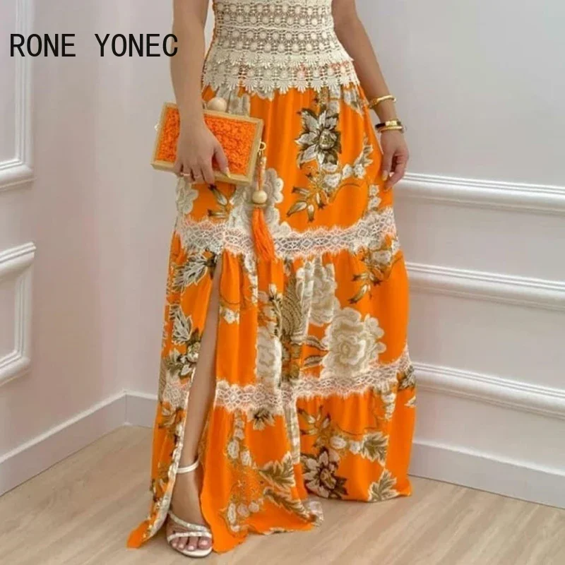 Women Floral Print Contrast Lace Split Hem Maxi Dress Vacation Dresses