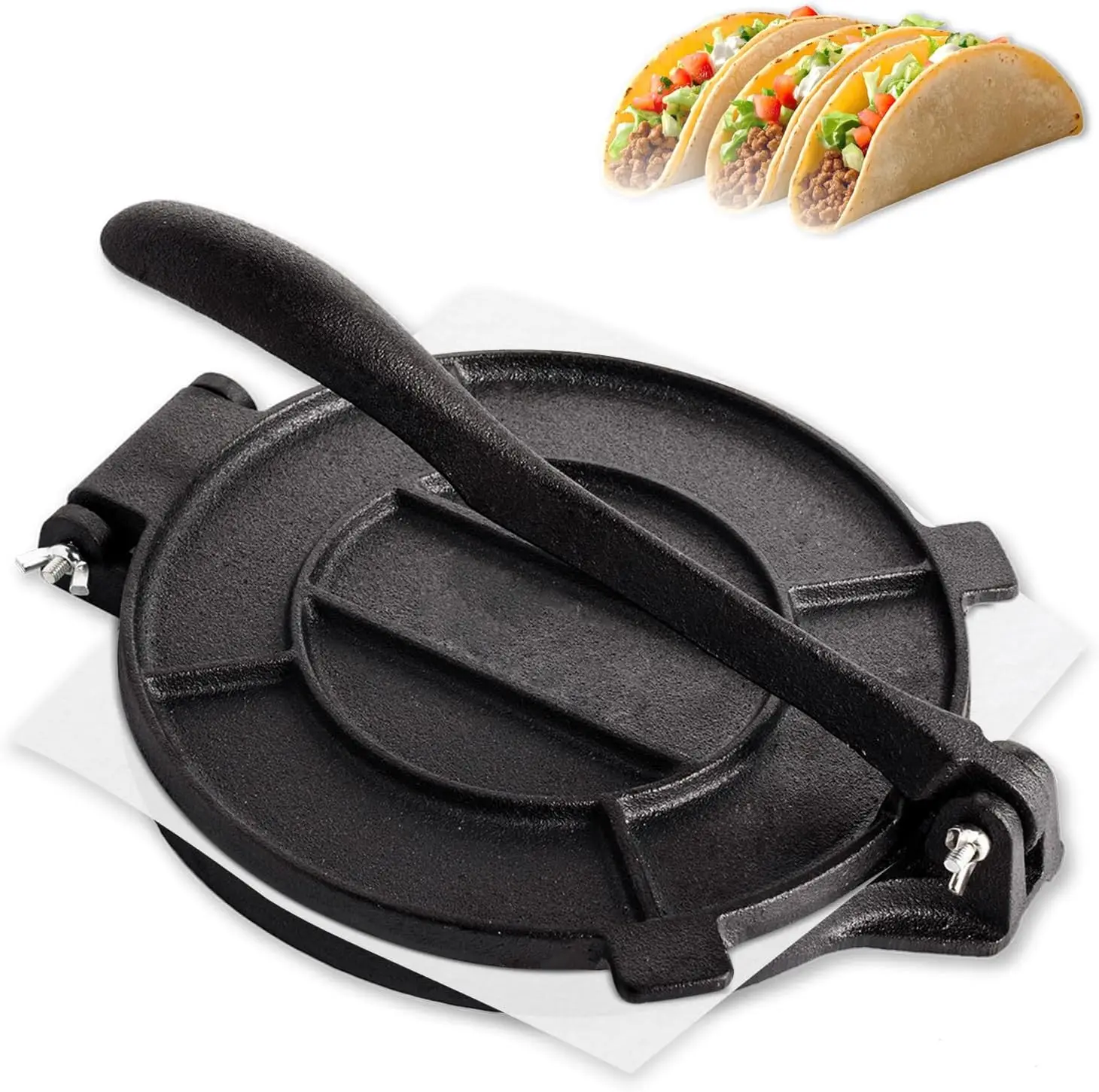 

Heavy Duty 10-inch Cast Iron Tortilla Press with Foldable Handle, Includes Parchment Paper for Easy Cooking