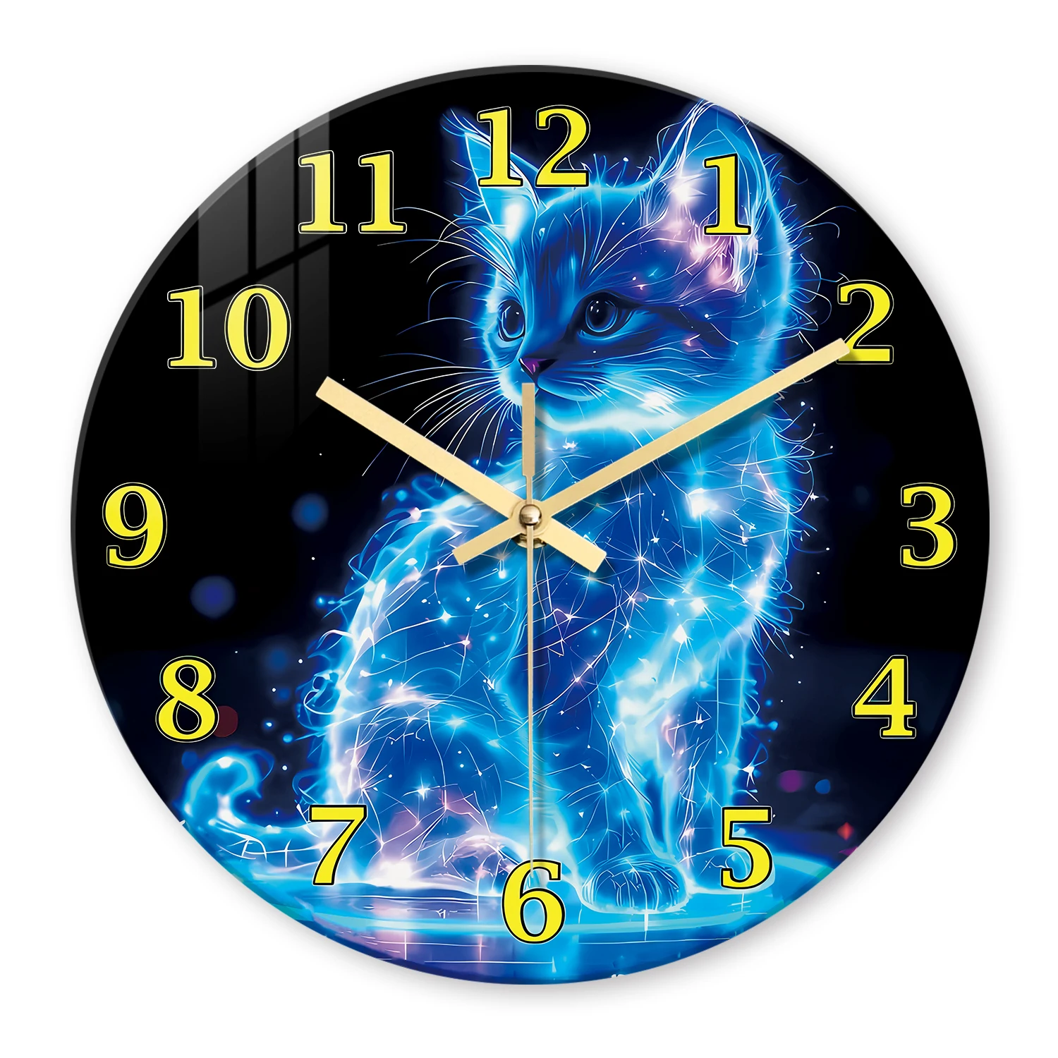 A Unique Neon Cat Tempered Glass Wall Clock, 12-24inch Round Cat-Themed Decorative Silent Clocks Powered by Batteries, Stunning Blue Galaxy Kitten Pattern, Perfect for Home and Kitchen Decoration, Also Suitable as a Valentine's Day Gift (Battery Not Included)