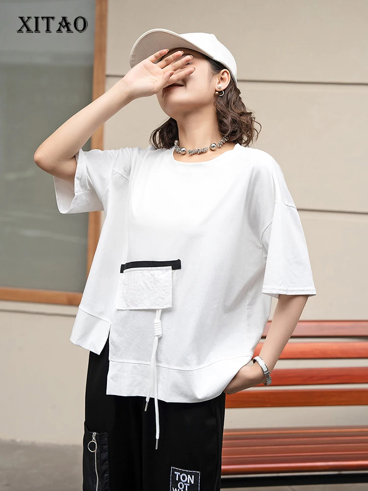 

XITAO Personality Women T-shirt Asymmetrical Three-dimensional Splicing Drawstring Decorate Hem 2024 Summer New Top DMJ4127