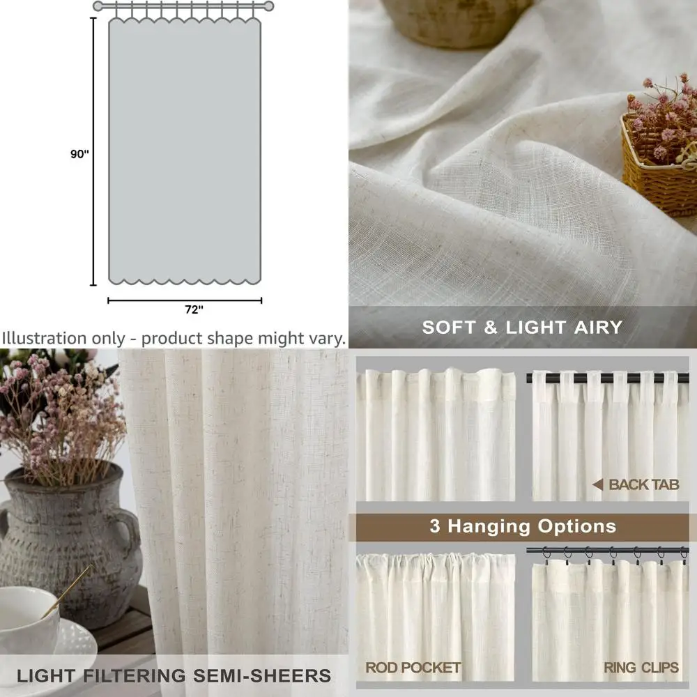 

Кремовые льняные полупрозрачные шторы, комплект из 2 панелей, 72 дюйма в ширину x 90 дюймов в длину, с креплением на петлях, энергоэффективные, обеспечивающие частичную приватность, подходят для столовой и гостиной.