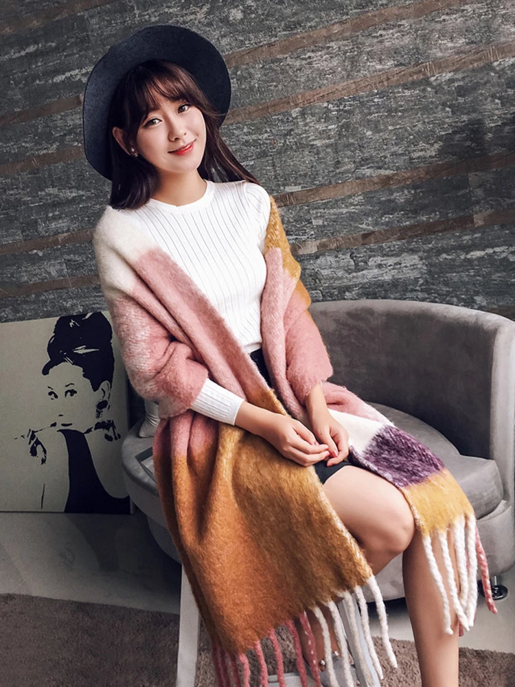 

2023 Knitted Winter Plaid Tassel Preppy Scarf Women Men Imitation Cashmere Thick Warm Scarve Pashmina Bufanda Foulard Wrap Shawl