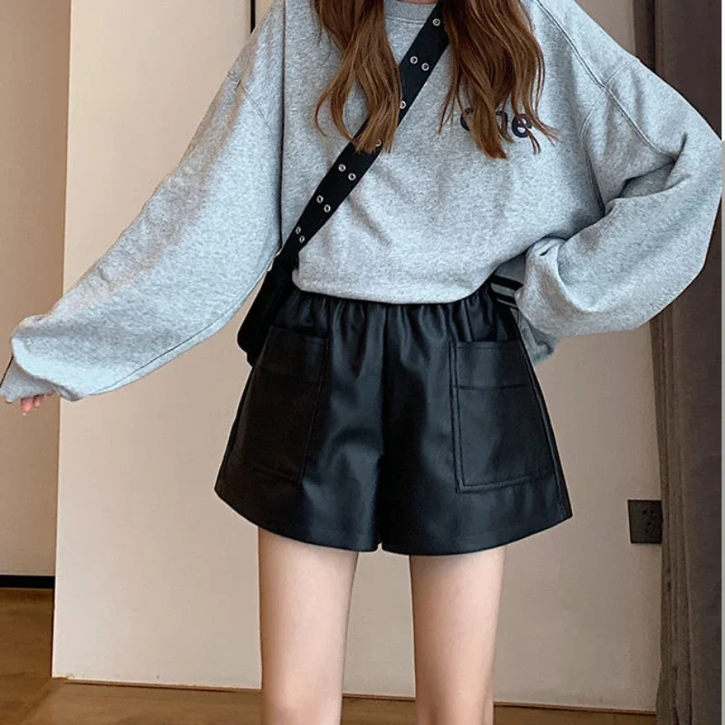 Shorts Women Simple Loose Chic Kpop High Waist Elastic Solid PU Leather Short Fall Newly Fashion Vintage Casual All-match Street