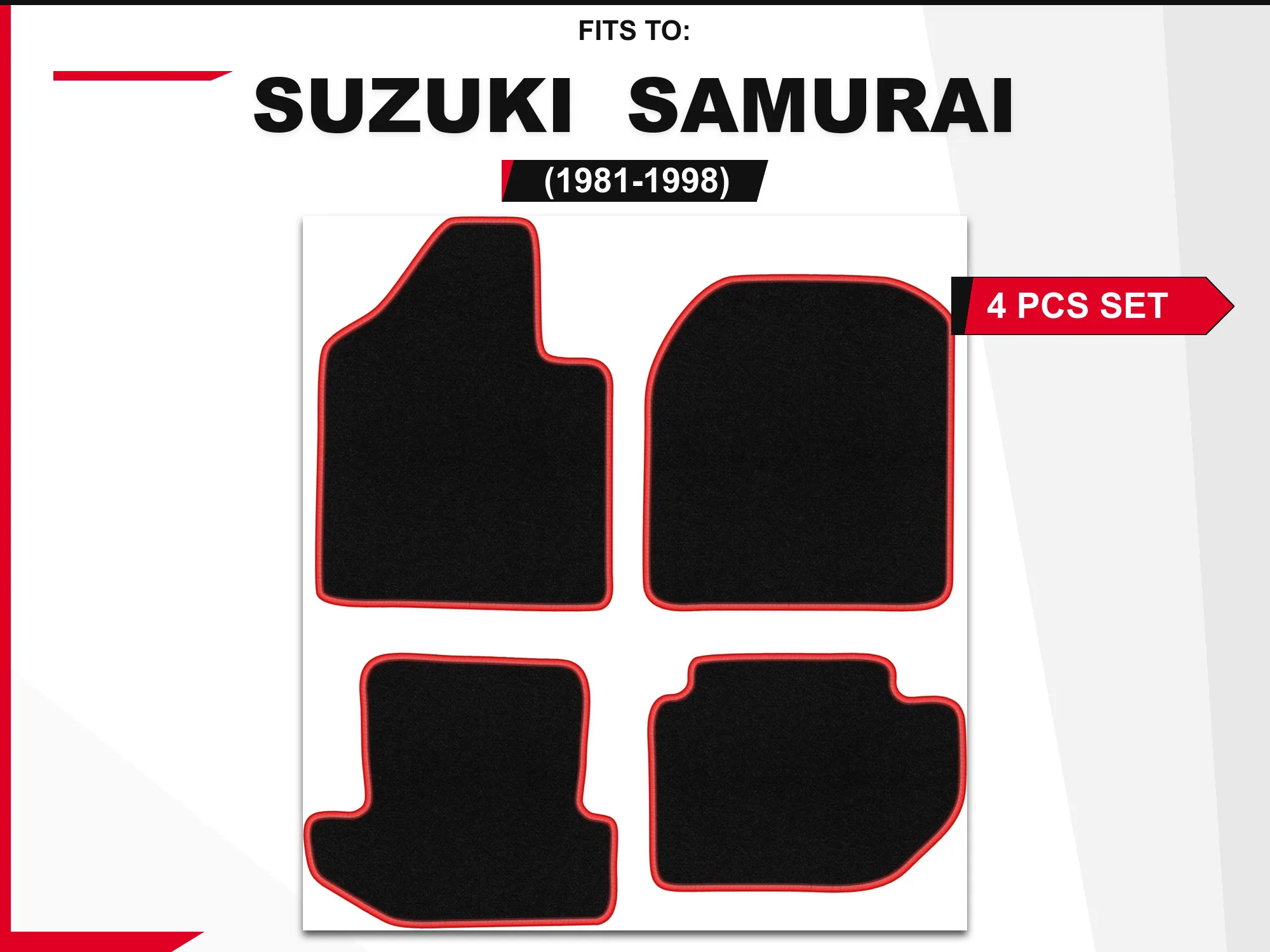 Velourstapijten voor: Suzuki Samurai 1981-1998 Off-road zwart en rood bijpassende set autovloerbedekkingen