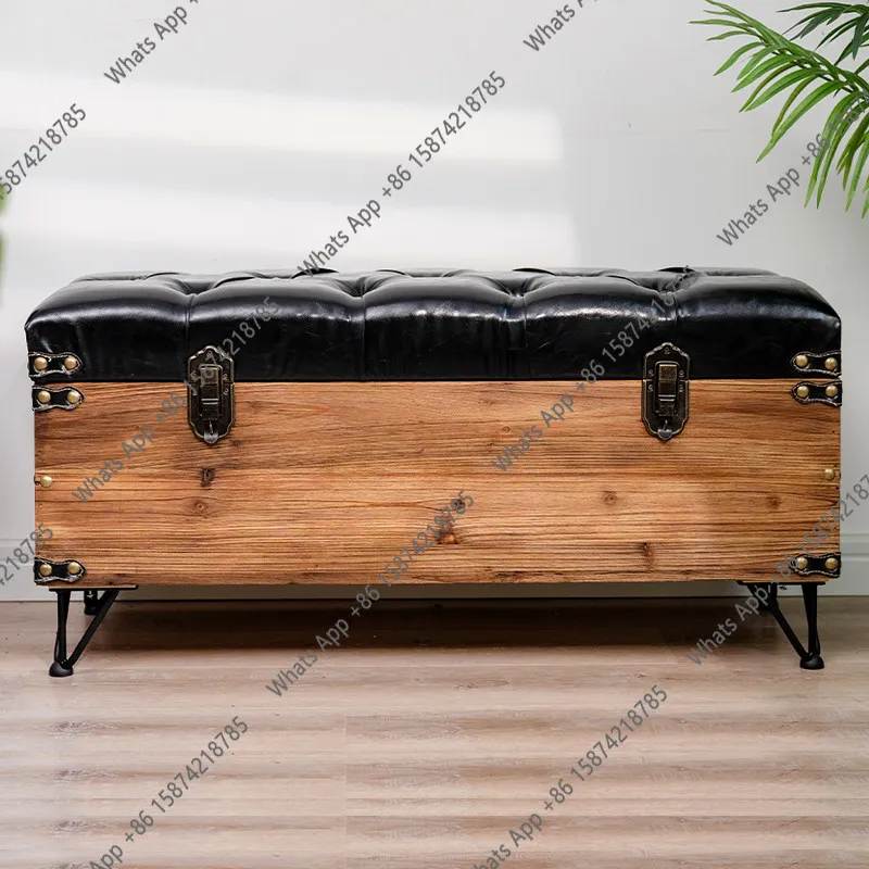 Solid wood retro storage stool rectangular household shoe changing stool can sit on sofa leather stool fitting room long strip s