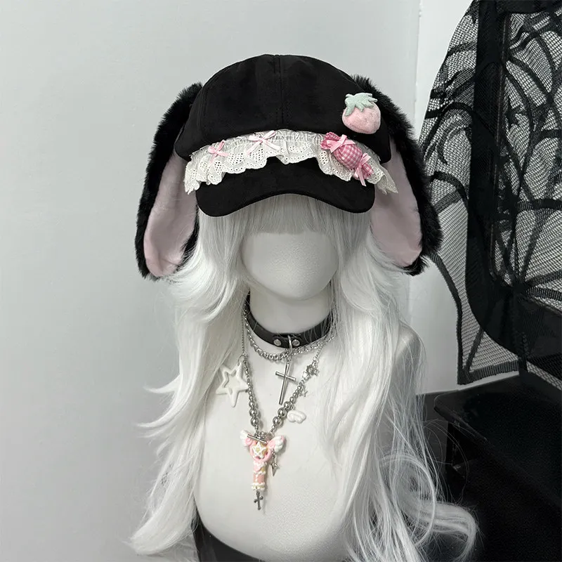 Original Black Pink Strawberry Cute Rabbit Hat Subculture Beret Female Japanese Octagonal Hat