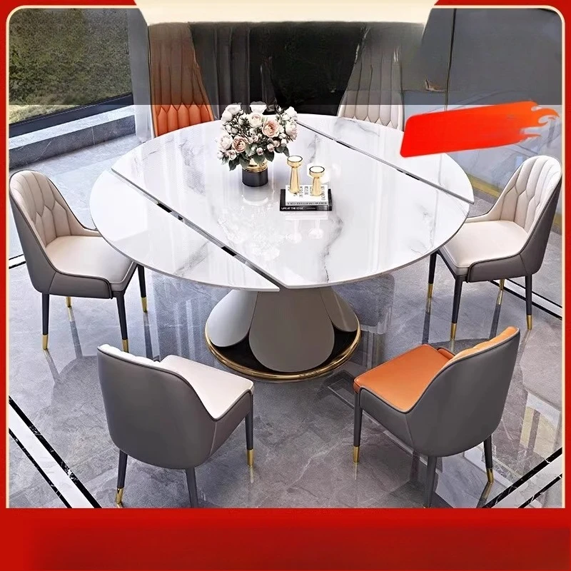 Minimalist Italian rock slab dining table and chair combination Modern simplicity is artistic, retractable and round lotus table