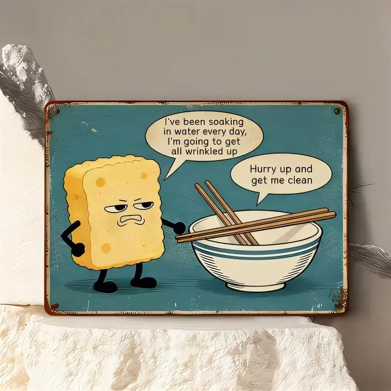 Vintage Retro Metal Tin Sign, Cartoon Tofu & Chopsticks Bowl Humorous Dialogue Design, Blue Background, Iron Wall Art for Kitche