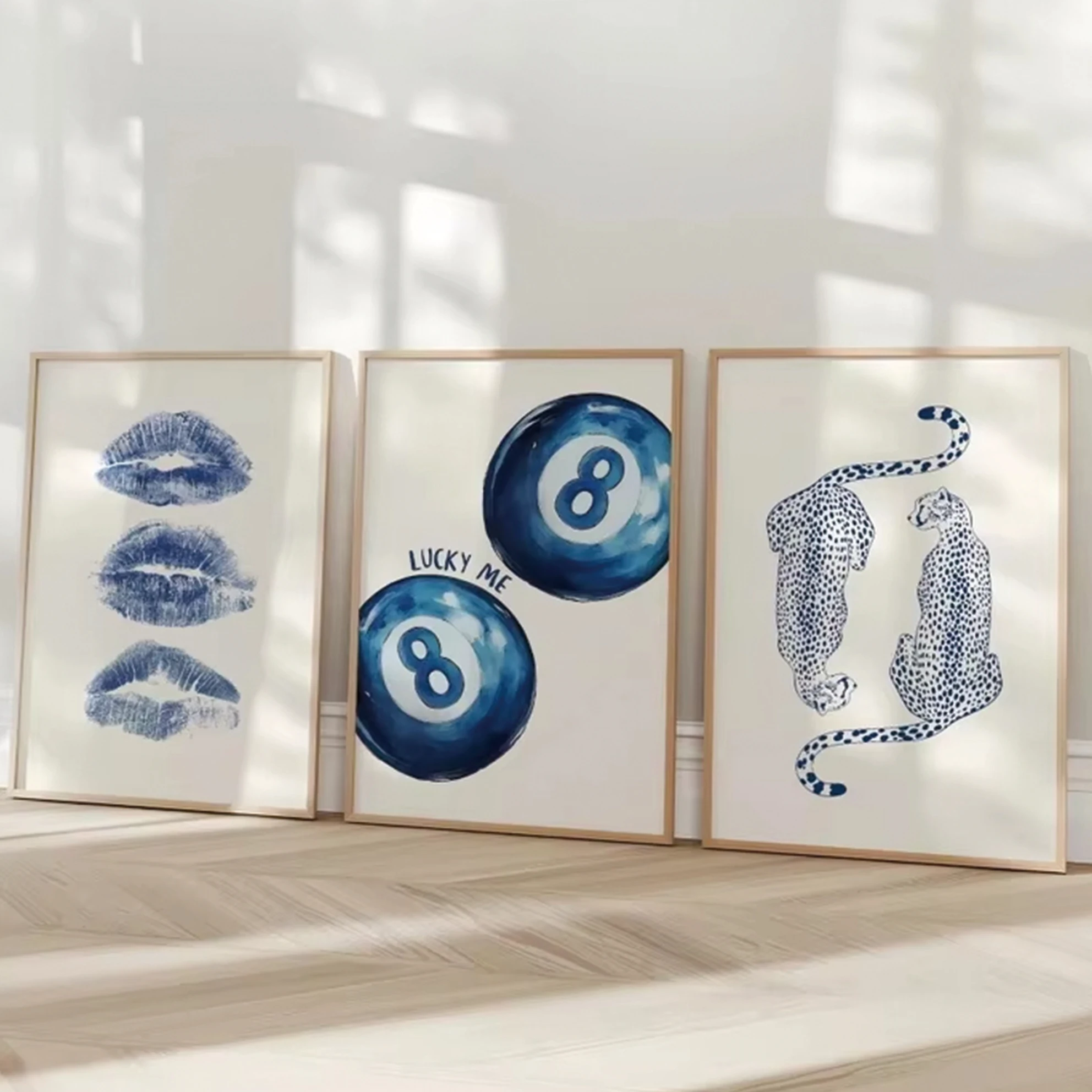 Modern Blue Cheetah 8 Ball Kiss Newspaper Digital Wall Art Prints Canvas Painting Poster Picture For Living Room Home Decor