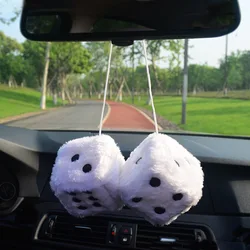 Pair of Retro Square Mirror Hanging Couple Fuzzy Plush Dice with Dots for Car Decoration