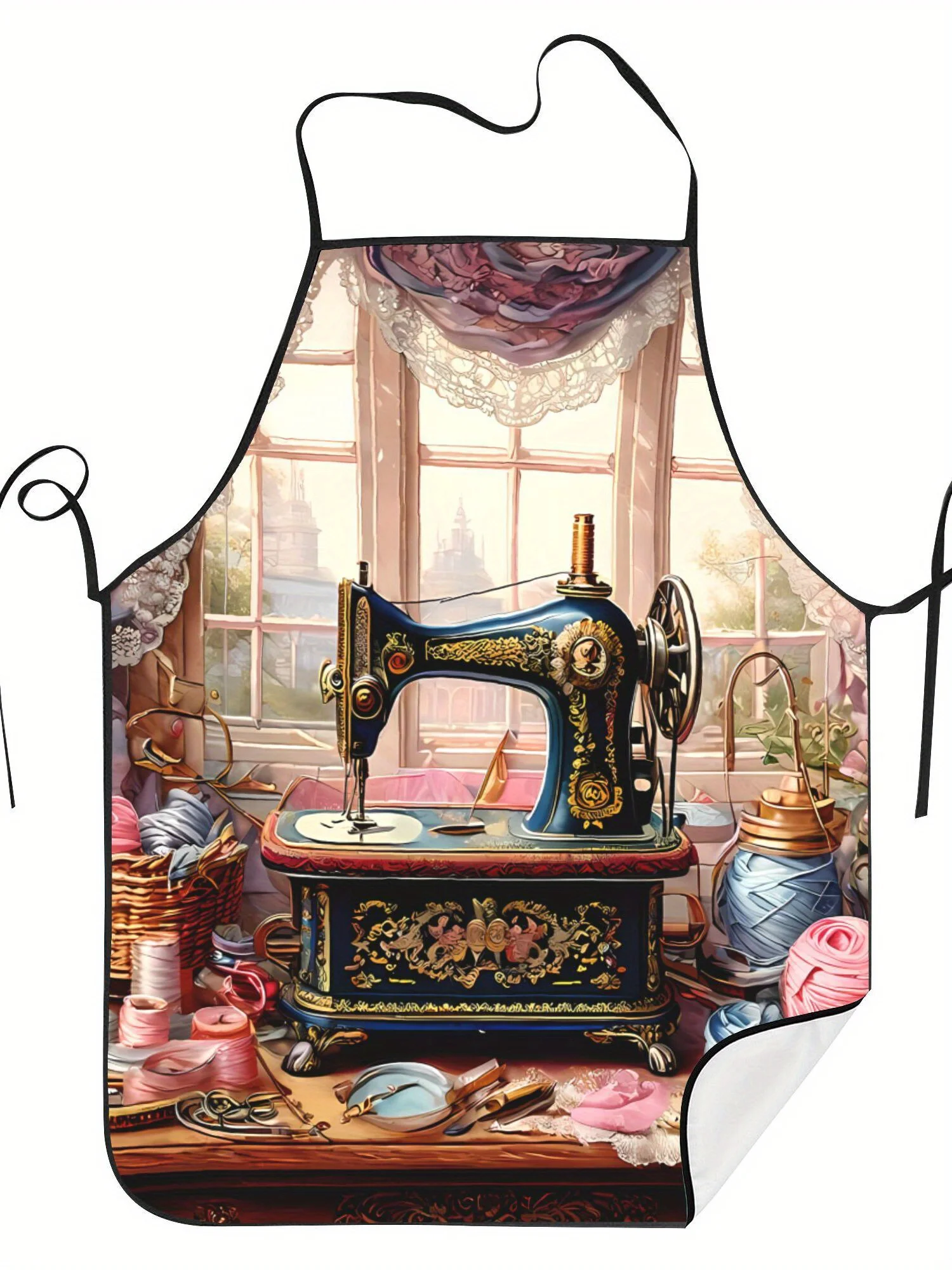 Vintage Sewing Machine Art Printed Apron for Men and Women Retro Craft Style Kitchen Cooking Apron