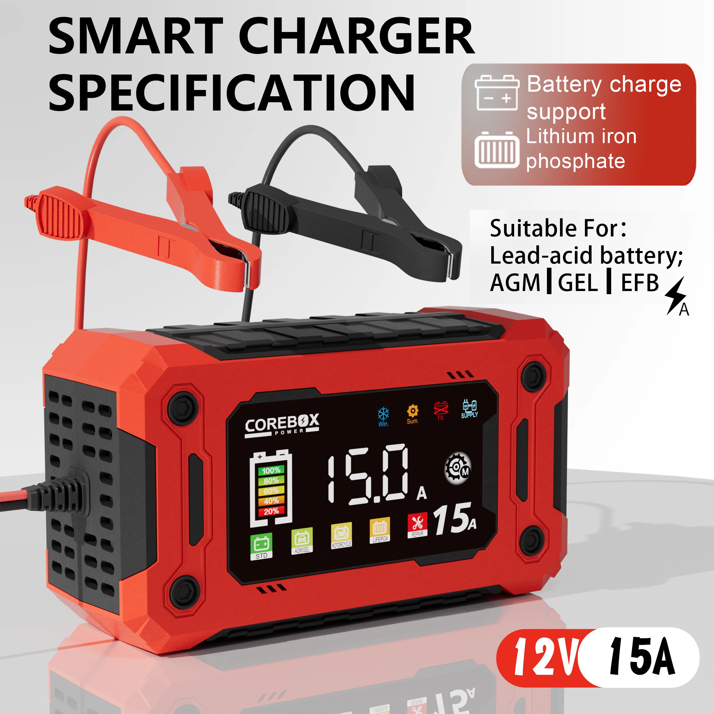 12V 15A 8A Auto- und Motorrad-Smart-Batterieladegerät für Lifepo4 Blei-Säure AGM Digital-Touchscreen Lithium-Eisenphosphat-Ladegerät – Detail 1