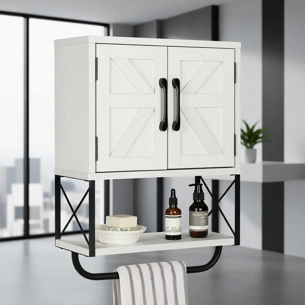 

Farmhouse Rustic Medicine Cabinet with Two Barn Door,Wood Wall Mounted Storage Cabinet with Adjustable Shelf and Towel Bar, 3-Ti
