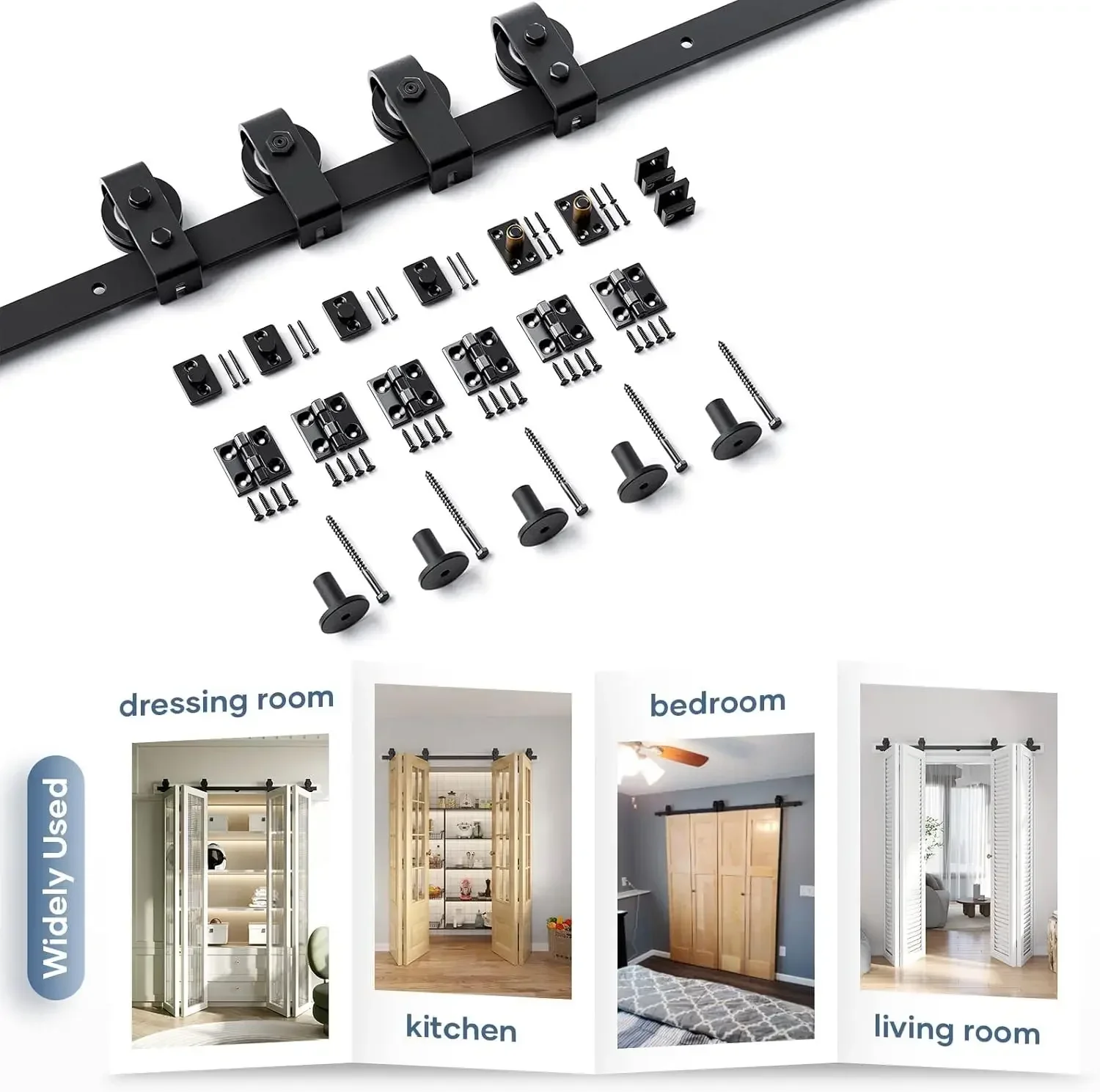 Easelife 72 "kit de trilhos de ferragem para porta de celeiro deslizante bi-dobrável para 4 portas de armário, rolo de montagem superior, resistente, deslizar suavemente silencioso