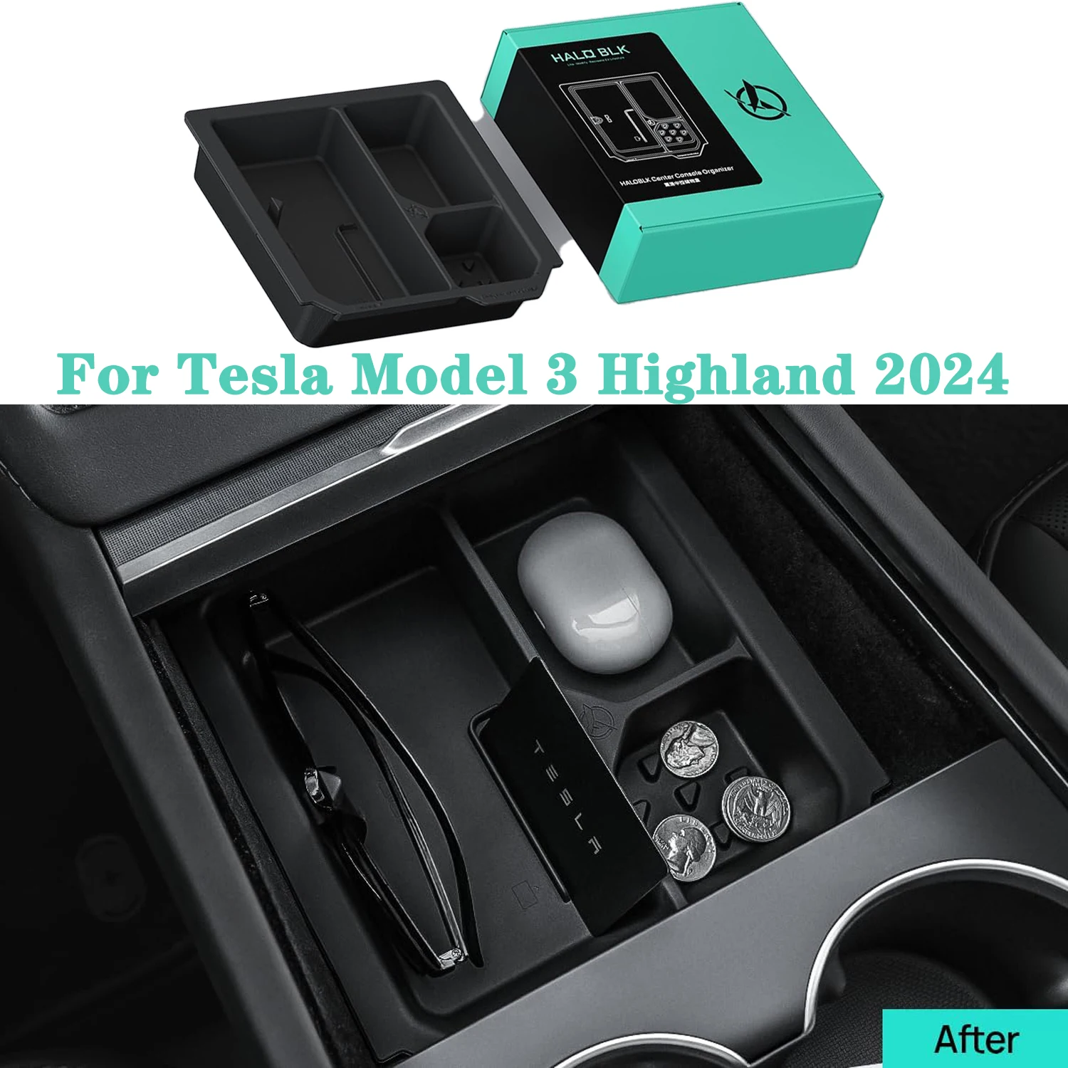 HALO BLK For Tesla Model 3 Highland 2024 Center Console Organizer Tray, Two-Tier Removable Design Armrest Console Box