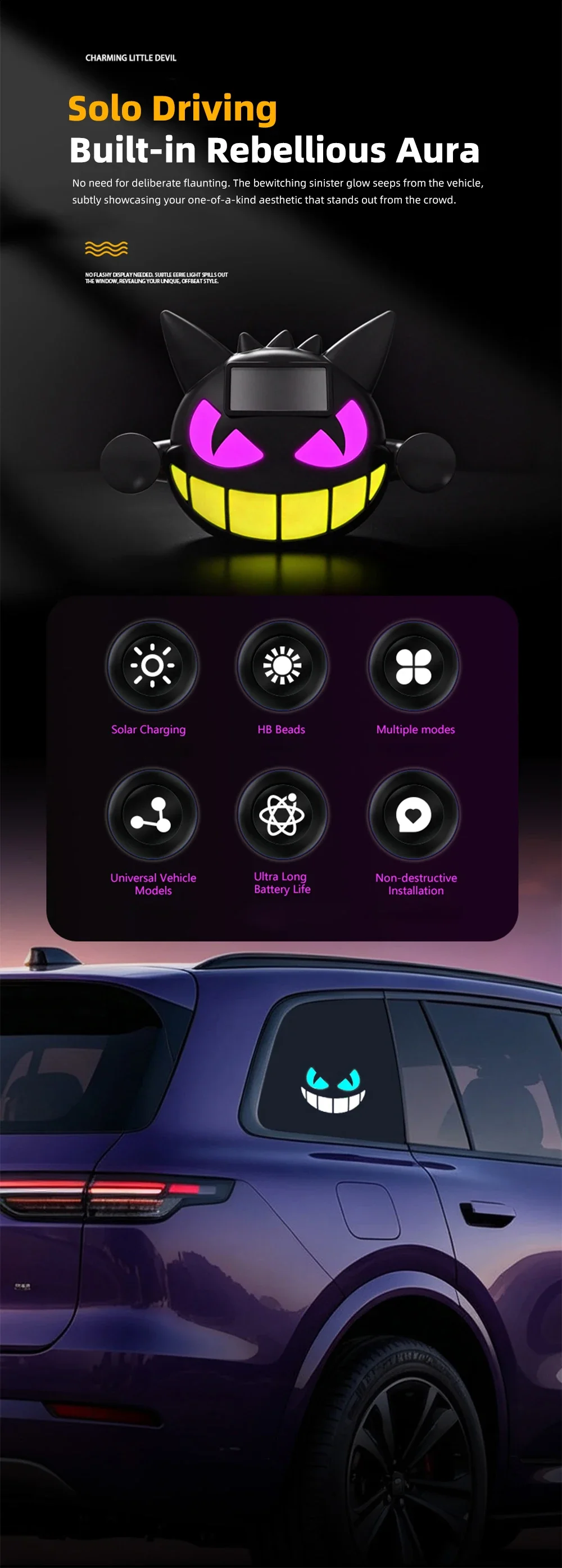 Auto-Teufelsgesicht LED-Ambientelicht Solar Typ-C Heckscheiben-Warnleuchte Universelle Auto-HD-Außen-Dekorationsleuchte – Detail 2