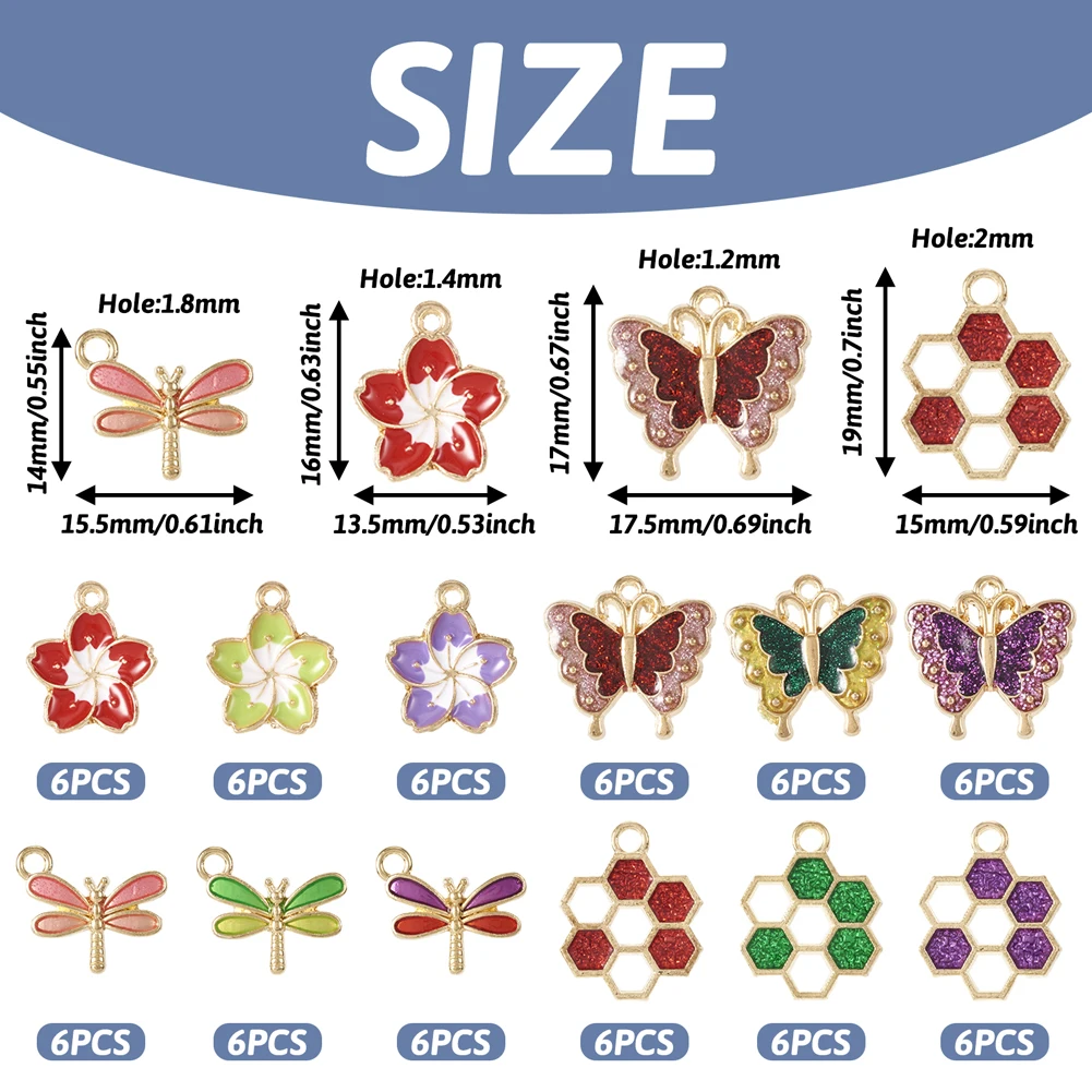 72Pcs Mixed Alloy Enamel Pendants Butterfly Flower Dragonfly Honeycomb Gold Plated Charm for Keychain DIY Jewelry Making Finding