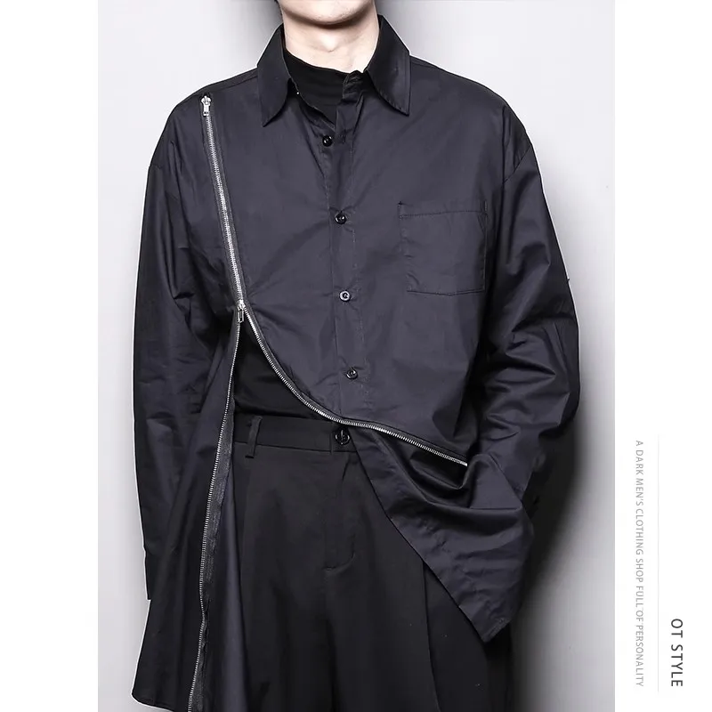 

Custom clothing.Spring and autumn original dark zipper splicing irregular long-sleeved mid-long shirt