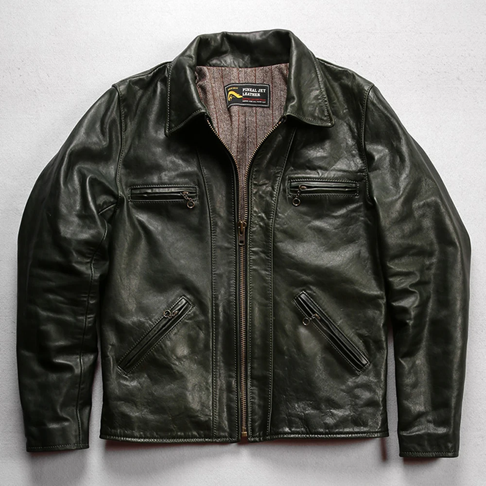 High Quality Original Horseskin Leather Jacket Coats Genuine Leather Horsehide Biker Men\'s Coat Vintage Green Color Topcoat