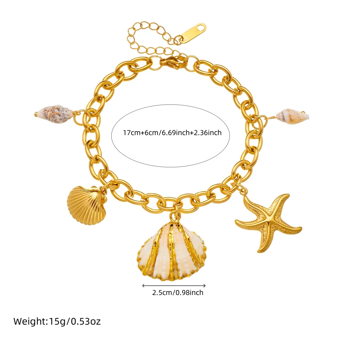 DIEYURO 316L Stainless Steel Golden Shell Starfish Scallop Conch Pendant Bracelet For Women New Waterproof Wrist Chain Jewelry