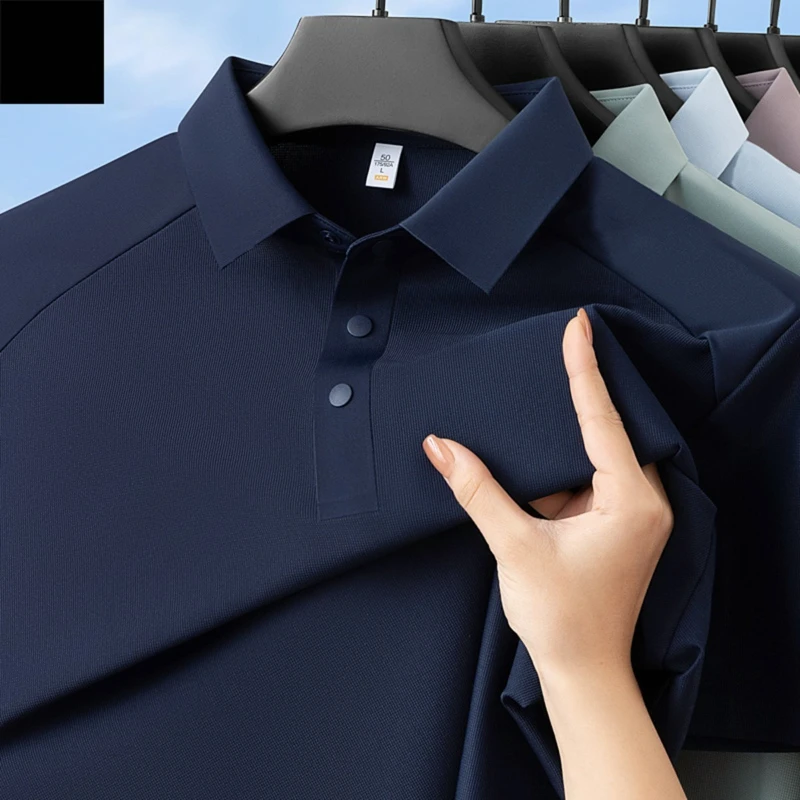 Man's Antibacterial Polo Shirts Wrinkle Resistant Short Sleeve Quick Dry Tops Quality UV Sunscreen Breathable Cool Feel T Shirts