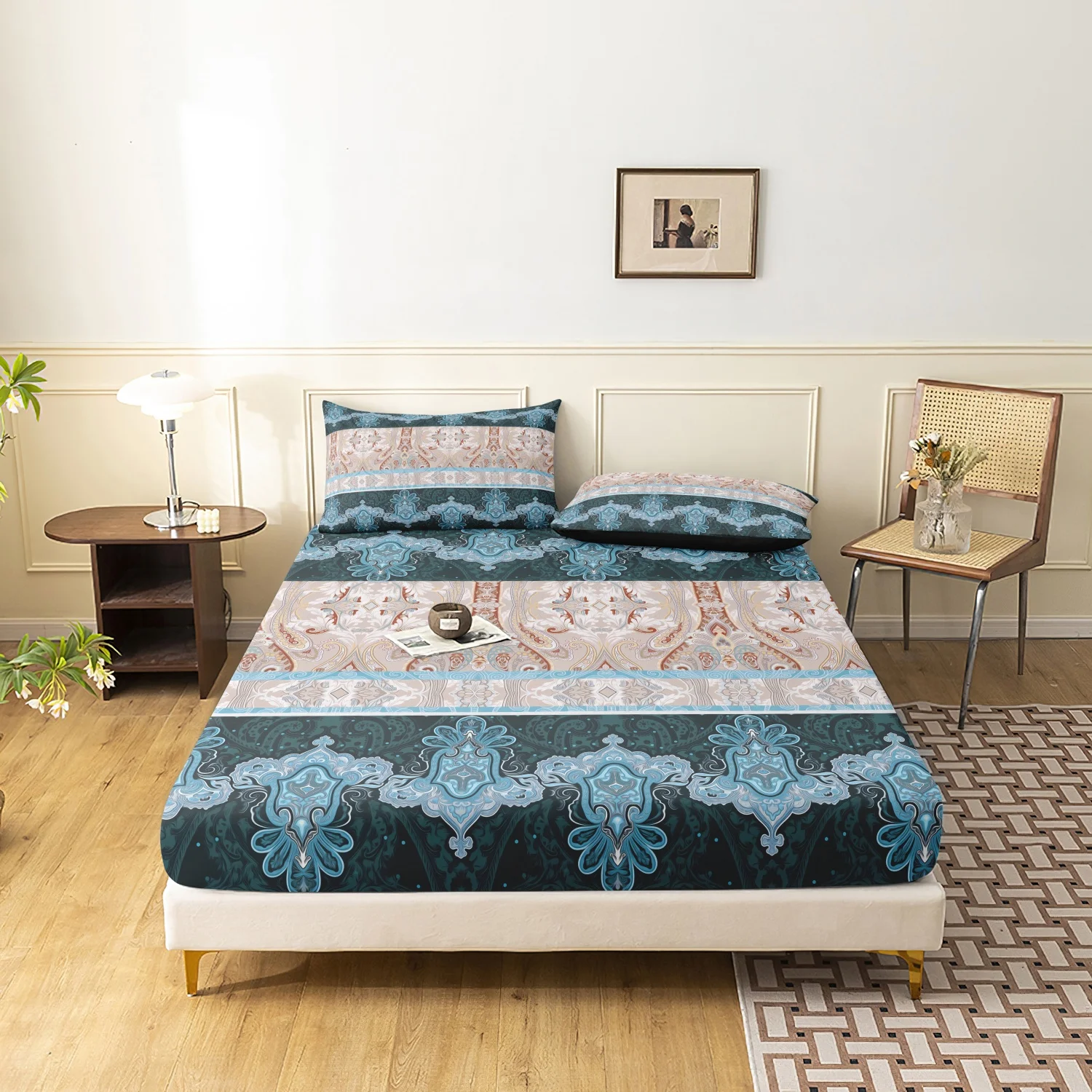 Teal Green Paisley Striped Print 3Pcs Fitted Sheet Set, Retro Baroque Ornate Floral Print Bedding, Multiple Sizes Available