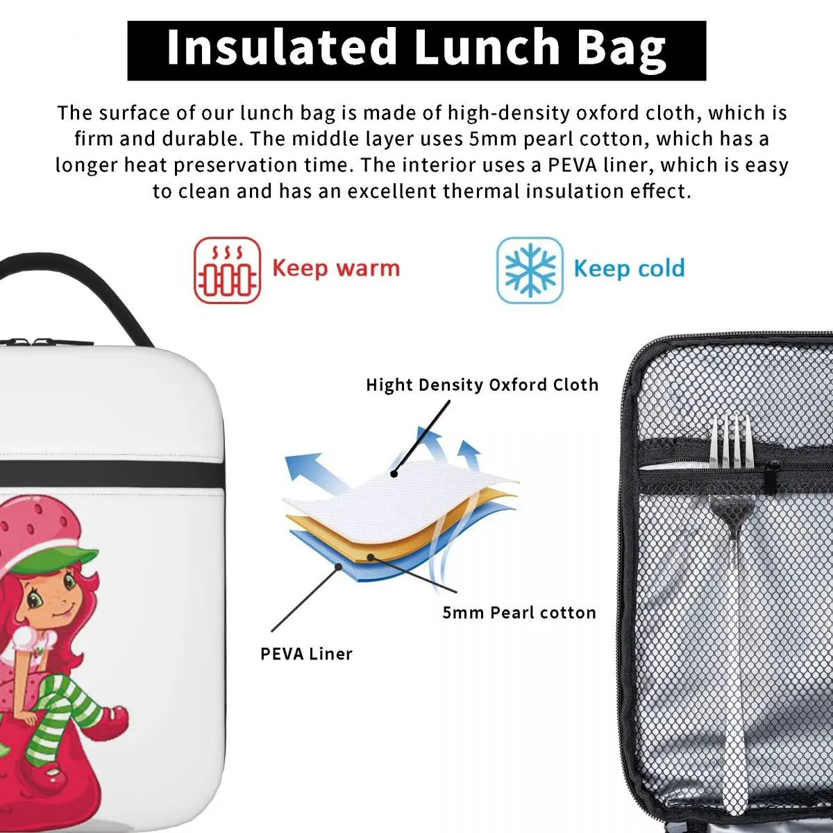 Strawberry Shortcake Girl Cartoon Anime Insulated Lunch Bag for Women Children Portable Food Boxes Thermal Lunch Box Tote