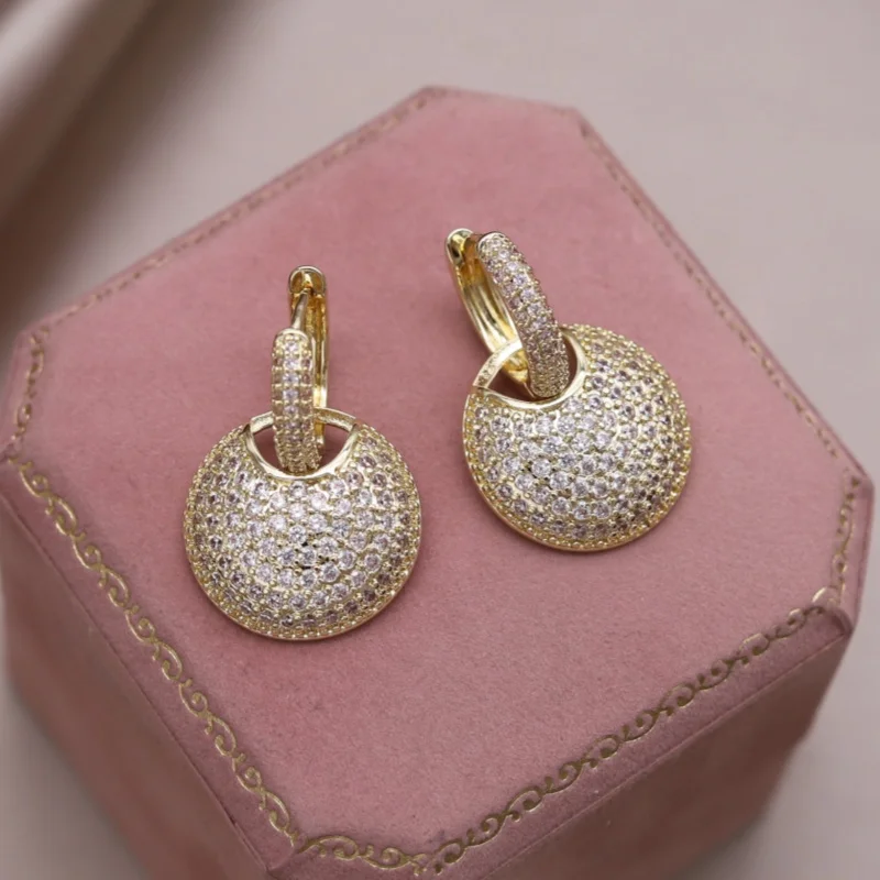 Korean new design fashion jewelry 14K gold plated round zircon pendant earrings elegant women daily work accessories