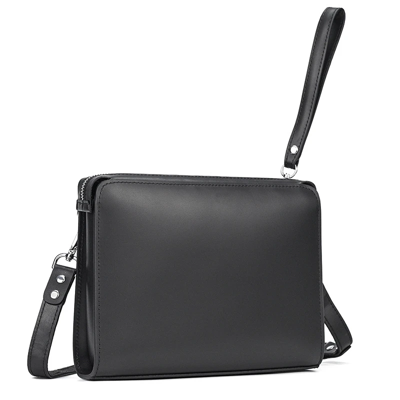 Genuine Cowhide Leather Men's Clutch Purse Black Long Wallet Multi-purpose Crossbody Shoulder Handbag