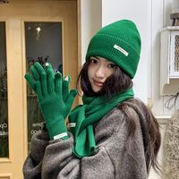 Fleece Lined Solid Color Hat Scarf Gloves Set Warm Wool Thermal Knit Cap Simple Touch Screen Winter Beanie Hat Women/men